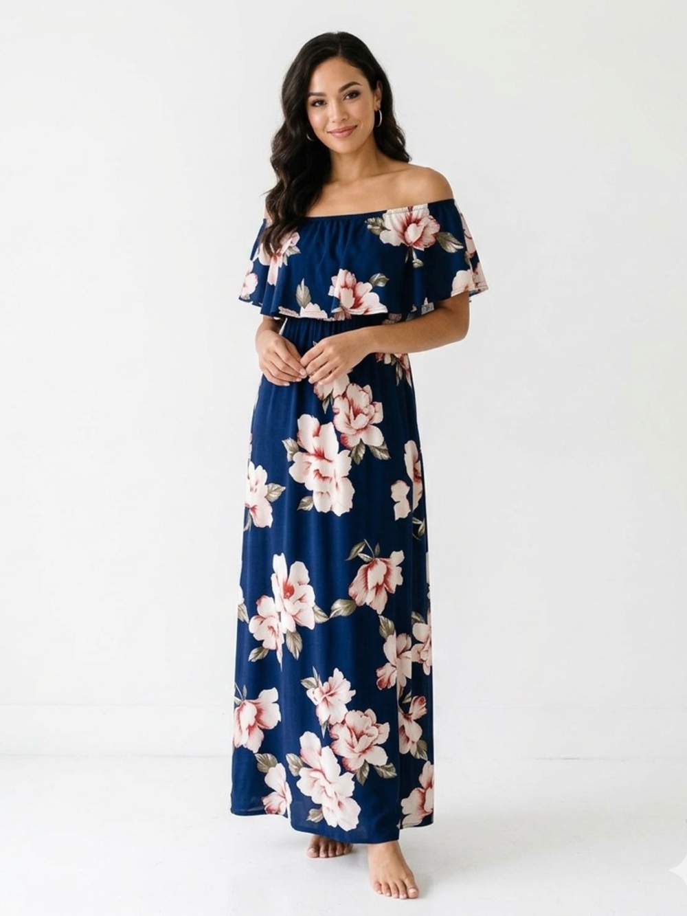 Hello MIZ Navy Floral Off-Shoulder Maxi Dress